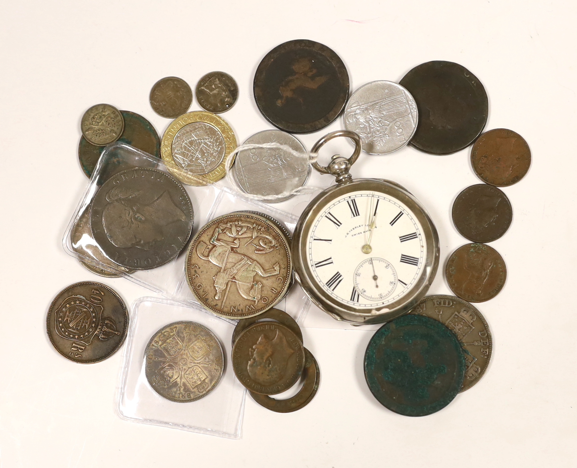 British silver coins, Victoria, two crowns, 1845, double florin 1887, florin 1887, halfcrown 1887 and other various crowns, together with a Swiss silver pocket watch